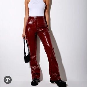 Motel Rocks Croc PU Flare Trousers in Deep Red
